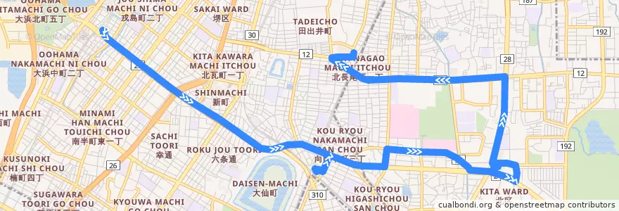 Mapa del recorrido 35: 堺駅南口-阪和堺市駅前 de la línea  en 사카이시.