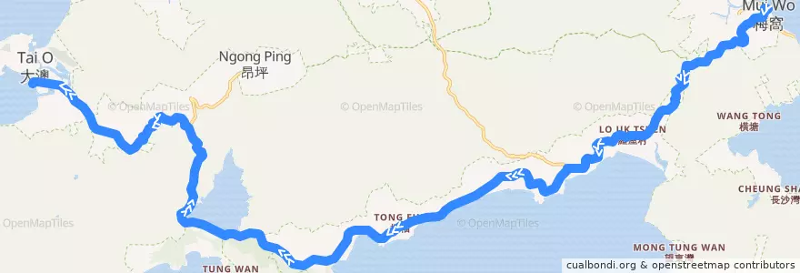 Mapa del recorrido 1 de la línea  en 離島區 Islands District.