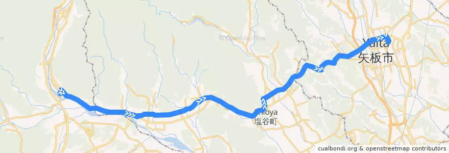 Mapa del recorrido しおや交通バス 新高徳駅⇒本町十字路⇒矢板駅 de la línea  en Tochigi Prefecture.