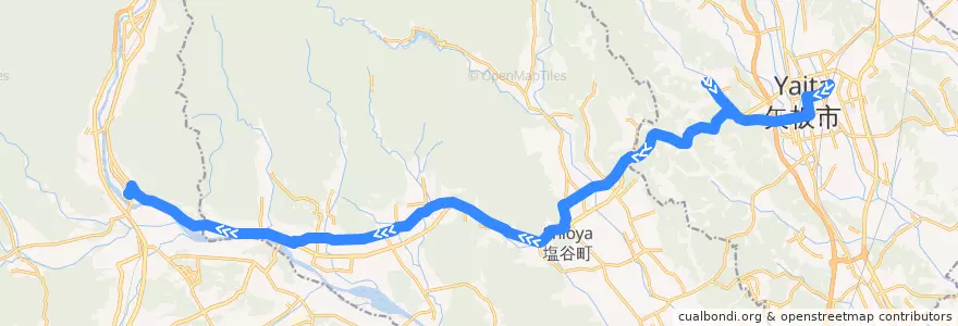 Mapa del recorrido しおや交通バス 矢板駅⇒塩谷病院・矢板高校⇒新高徳駅 de la línea  en 도치기현.