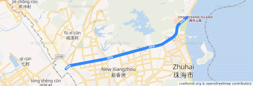Mapa del recorrido 珠海有轨电车一号线 (上冲 → 水拥坑(海天公园)) de la línea  en 香洲区.