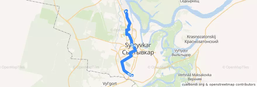 Mapa del recorrido Автобус №15: Городской автовокзал - Совхоз Пригородный de la línea  en городской округ Сыктывкар.