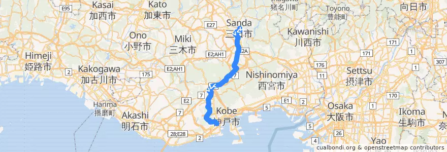 Mapa del recorrido 神戸電鉄 急行 三田発 新開地行 de la línea  en 神戸市.
