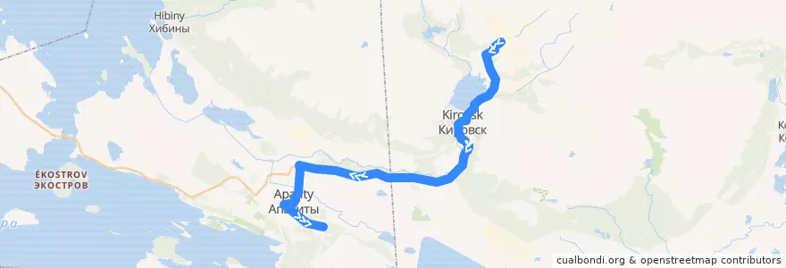 Mapa del recorrido Автобус №128: Кировский рудник - Сидоренко de la línea  en Мурманская область.