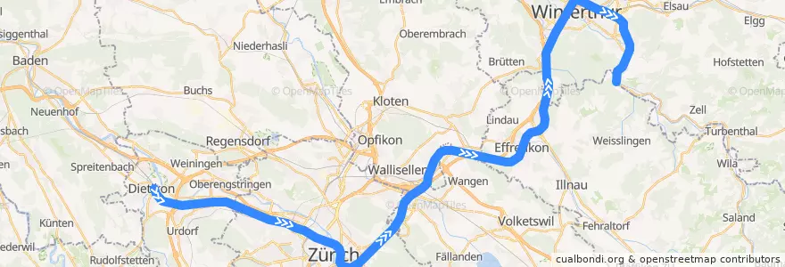 Mapa del recorrido S11: Dietikon –> Sennhof-Kyburg de la línea  en Zurigo.
