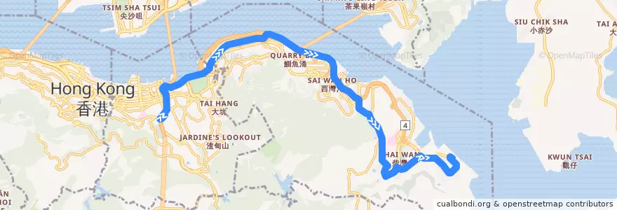 Mapa del recorrido 城巴8S線 Citybus 8S (跑馬地馬場 Happy Valley Racecourse → 小西灣（藍灣半島） Siu Sai Wan (Island Resort)) de la línea  en Pulau Hong Kong.