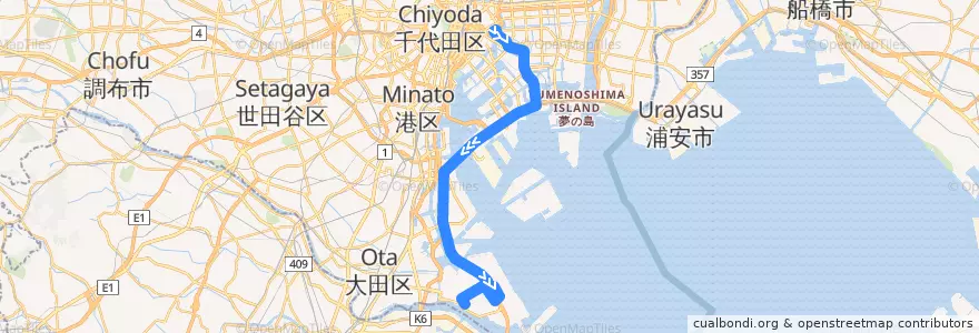 Mapa del recorrido リムジンバス 東京シティエアターミナル⇒羽田空港 de la línea  en Tokio.