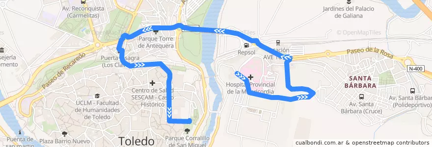Mapa del recorrido Línea 11: Hospital Provincial → Zocodover de la línea  en Toledo.