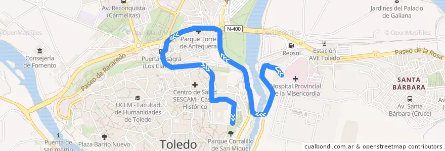 Mapa del recorrido Línea 11: Zocodover → Hospital Provincial de la línea  en Toledo.