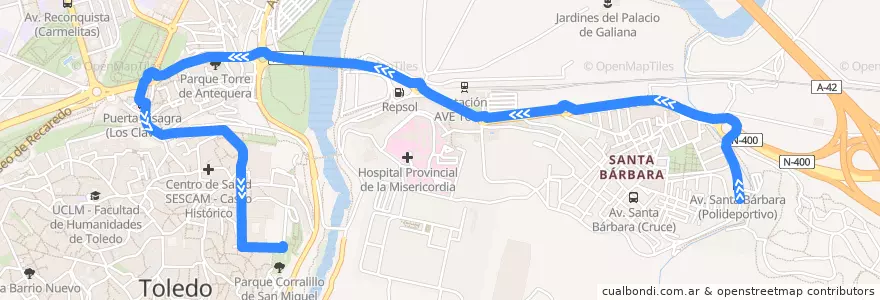Mapa del recorrido Línea 5D: Santa Bárbara → Zocodover (Directo) de la línea  en طليطلة.