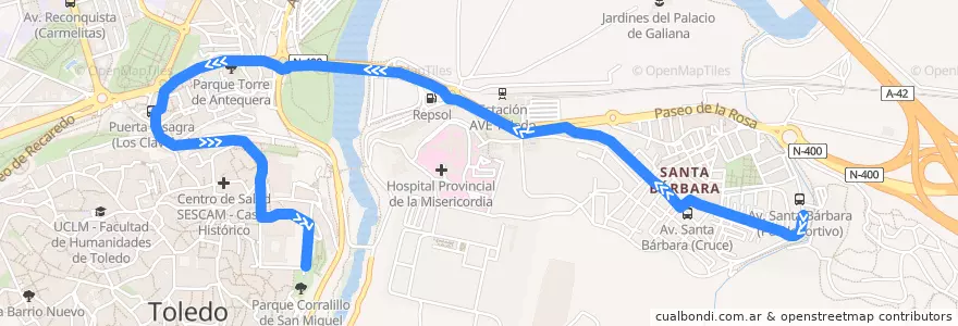 Mapa del recorrido Línea 5D: Zocodover → Santa Bárbara (Directo) de la línea  en Toledo.
