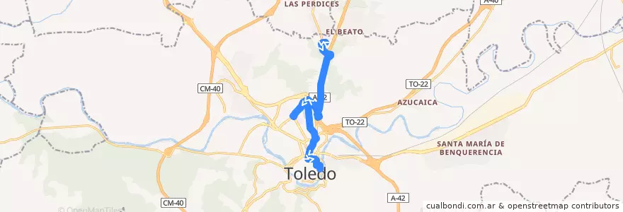 Mapa del recorrido Línea 14: Zocodover → Cementerio → Abadía de la línea  en Toledo.