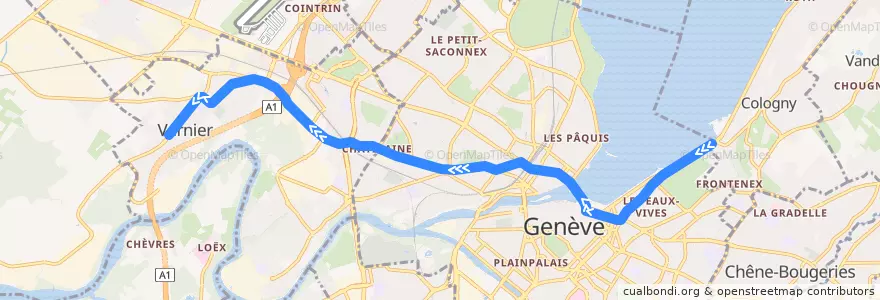 Mapa del recorrido Trolleybus 6: Genève-Plage → Vernier-Village de la línea  en Ginebra.