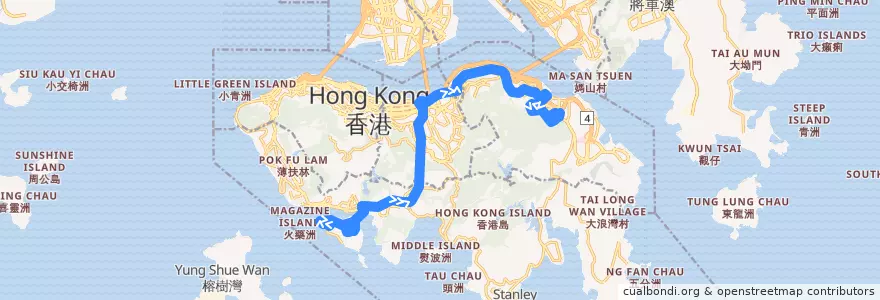 Mapa del recorrido Bus 99 (South Horizons → Shau Kei Wan) de la línea  en Hong Kong Island.