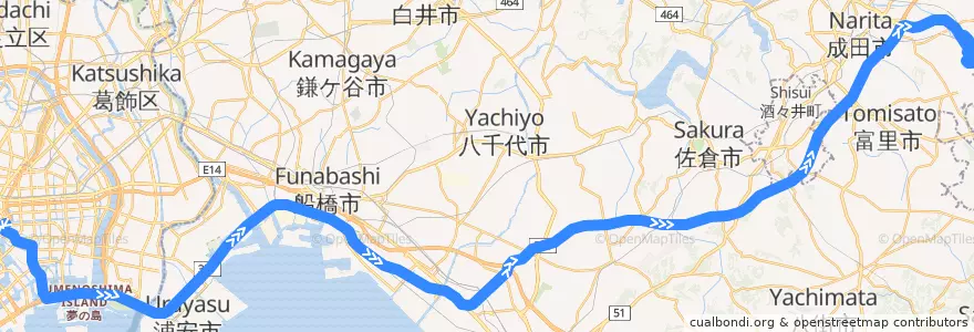 Mapa del recorrido リムジンバス 東京シティエアターミナル⇒成田空港 de la línea  en Chiba Prefecture.