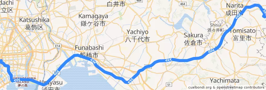 Mapa del recorrido リムジンバス 成田空港⇒東京シティエアターミナル de la línea  en Тиба.