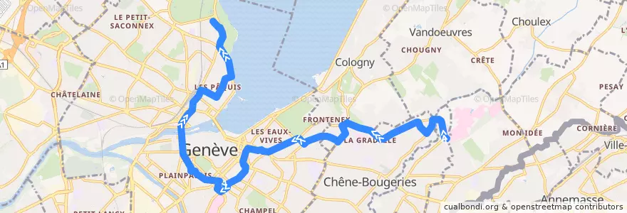 Mapa del recorrido Bus 1: Petit-Bel-Air → Jardin Botanique de la línea  en Cenevre.