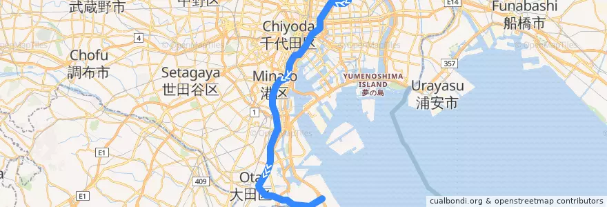 Mapa del recorrido エアポート快特 羽田空港第1・第2ターミナル駅->成田空港駅 de la línea  en Tokio.