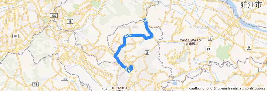 Mapa del recorrido 千代ヶ丘線 よみうりランド => 新百合ヶ丘駅 de la línea  en Асао.