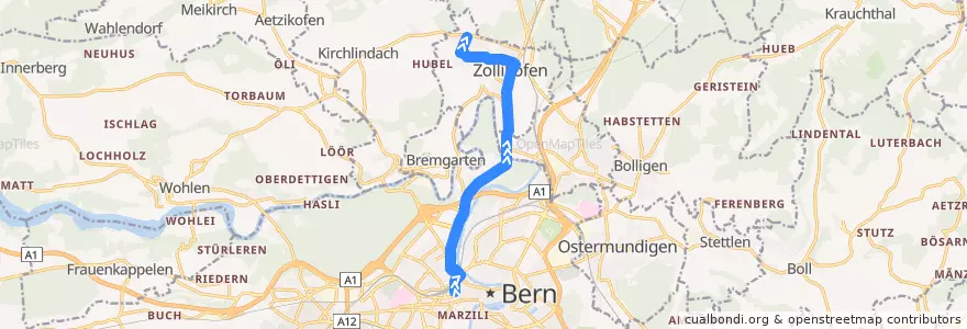 Mapa del recorrido Bus 34: Bern, Bahnhof => Zollikofen, Hirzenfeld de la línea  en Verwaltungsregion Bern-Mittelland.