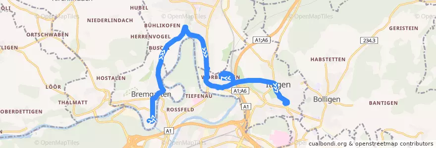 Mapa del recorrido Bus 33: Bremgarten, Seftau => Ittigen, Talgut-Zentrum de la línea  en Verwaltungsregion Bern-Mittelland.