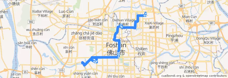 Mapa del recorrido 120路(地铁金融高新区-南风古灶) de la línea  en Foshan City.