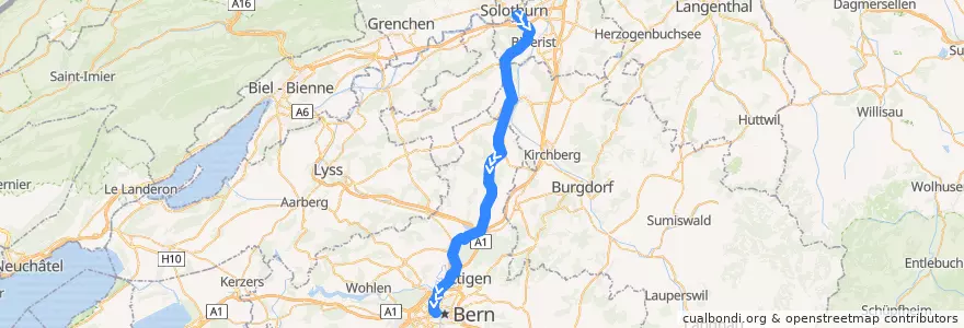 Mapa del recorrido S8: Solothurn RBS => Bern RBS [Spätdienst] de la línea  en Schweiz/Suisse/Svizzera/Svizra.