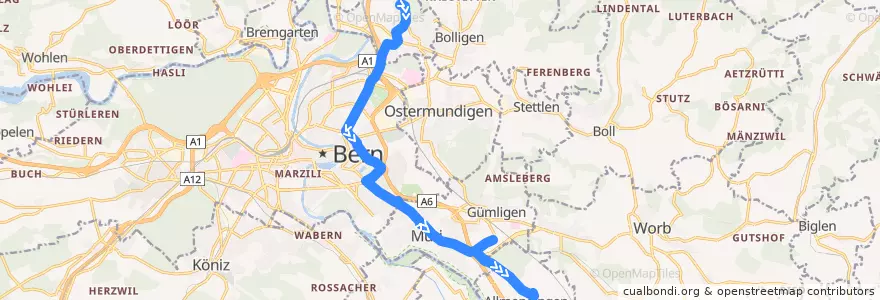 Mapa del recorrido Bus 40: Ittigen, Kappelisacker => Allmendingen, Käserei [Abends und Sonntag] de la línea  en Verwaltungsregion Bern-Mittelland.