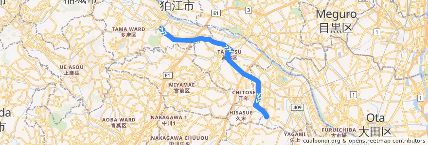 Mapa del recorrido 久地線　向丘遊園駅南口 => 溝口駅前 => 井田営業所前 de la línea  en Kawasaki.