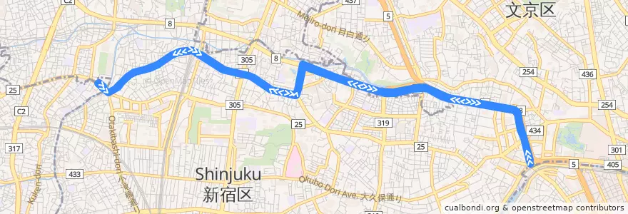 Mapa del recorrido 飯64 de la línea  en 新宿区.