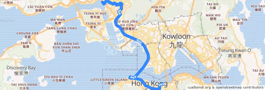 Mapa del recorrido 過海隧巴930線 Cross-harbour Bus 930 (灣仔北 Wan Chai North → 荃灣西站 Tsuen Wan West Station) de la línea  en Новые Территории.