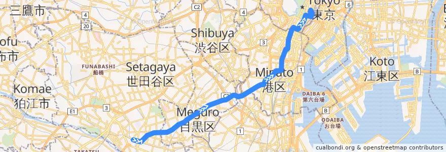 Mapa del recorrido 自由が丘線 de la línea  en 도쿄도.