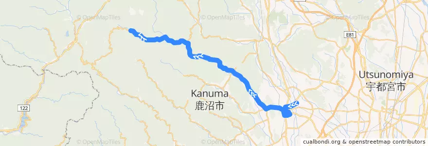 Mapa del recorrido 鹿沼市リーバス古峰原線 鹿沼駅⇒新鹿沼宿⇒古峯神社 de la línea  en Kanuma.