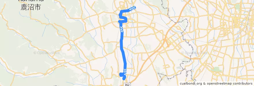 Mapa del recorrido 鹿沼市リーバス南押原線 鹿沼駅⇒新鹿沼宿⇒楡木車庫 de la línea  en Kanuma.
