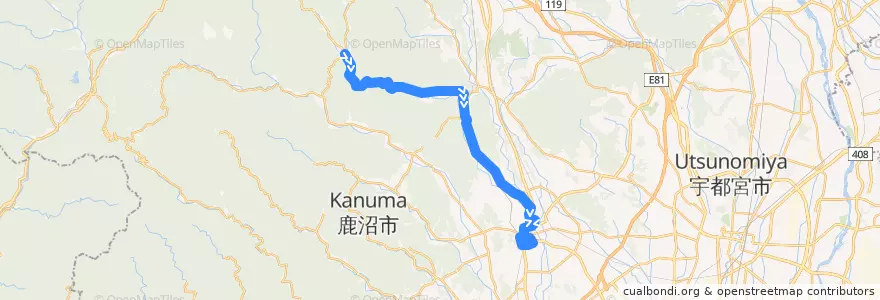 Mapa del recorrido 鹿沼市リーバス小来川森崎線 小来川森崎⇒東武新鹿沼駅（平和タクシー本社） de la línea  en Kanuma.