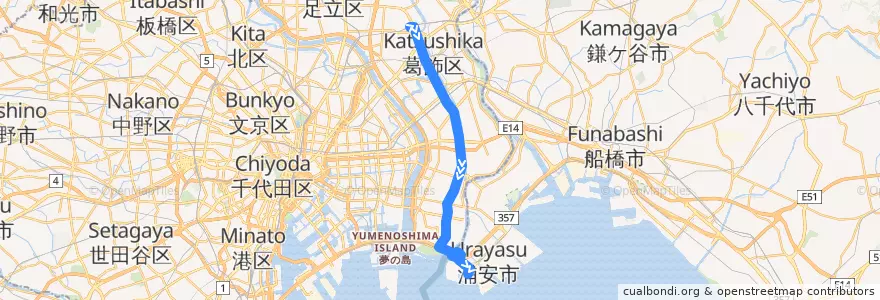 Mapa del recorrido シャトル☆セブン (亀有駅 -> 東京ディズニーシー バス・ターミナル) de la línea  en Tokyo.