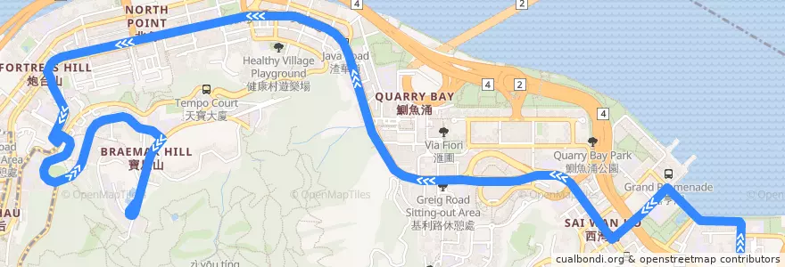 Mapa del recorrido 城巴85A線 Citybus 85A (愛秩序灣 Aldrich Bay → 寶馬山 Braemar Hill) de la línea  en 東區.