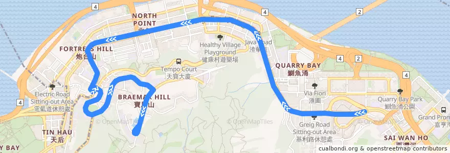 Mapa del recorrido 城巴85A線 Citybus 85A (康怡廣場 Kornhill Plaza → 寶馬山 Braemar Hill) de la línea  en 東區.