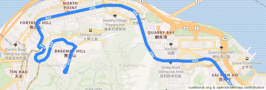 Mapa del recorrido 城巴85A線 Citybus 85A (西灣河 Sai Wan Ho → 寶馬山 Braemar Hill) de la línea  en Eastern District.