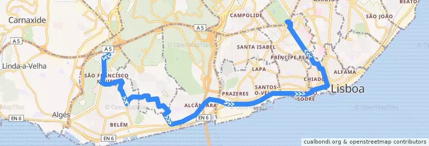 Mapa del recorrido Bus 732: Caselas → Marquês de Pombal de la línea  en Großraum Lissabon.