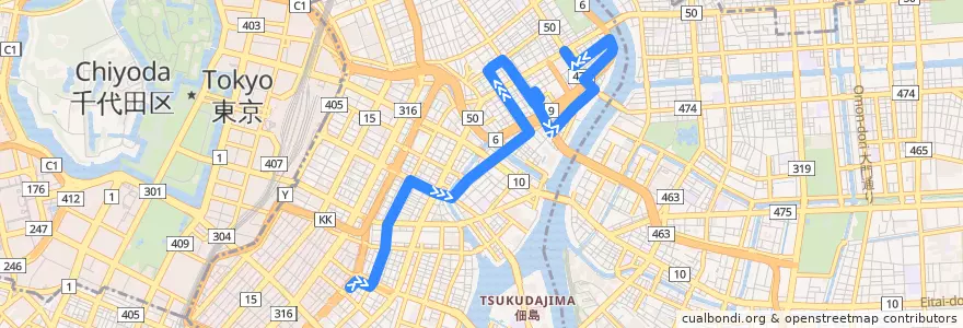 Mapa del recorrido 江戸バス de la línea  en 中央区.