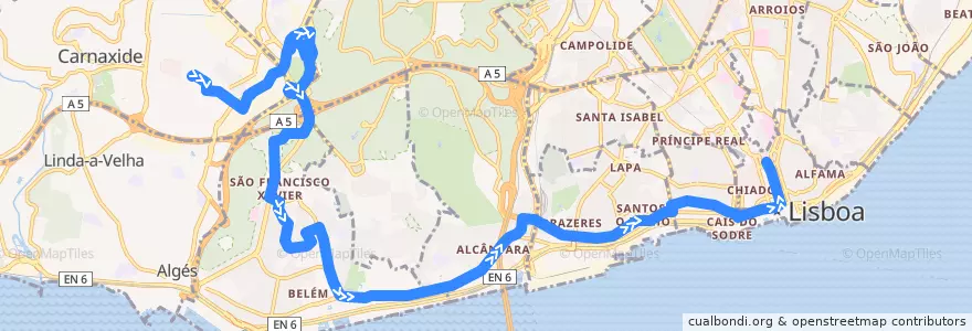 Mapa del recorrido Bus 714: Outurela → Praça da Figueira de la línea  en Grande Lisboa.