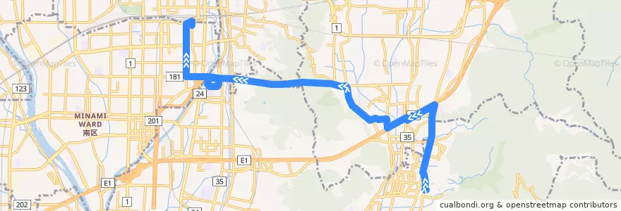 Mapa del recorrido 京都醍醐寺ライン 京都駅八条口=>醍醐寺 de la línea  en Quioto.