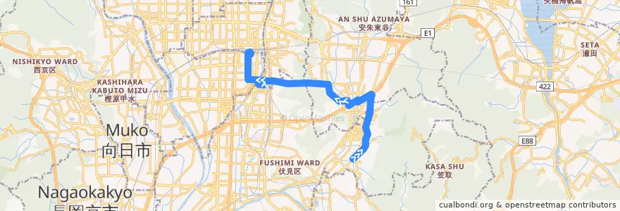 Mapa del recorrido 京都醍醐寺ライン 京都駅八条口=>合場川 de la línea  en Quioto.