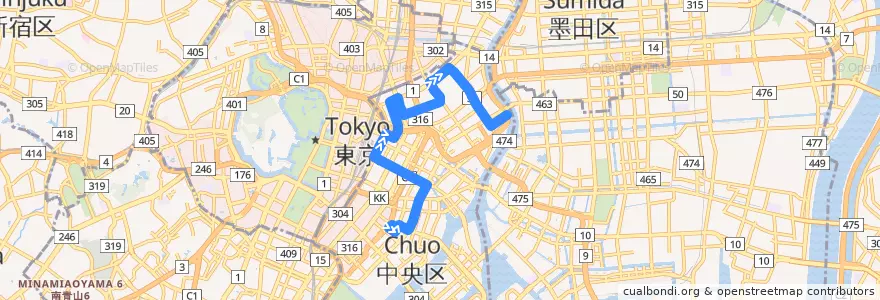 Mapa del recorrido 江戸バス (北循環) de la línea  en 中央区.