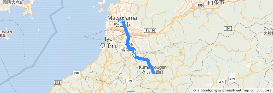 Mapa del recorrido 久万高原線 (松山 - 久万高原 - 上浮穴高校) de la línea  en 愛媛県.