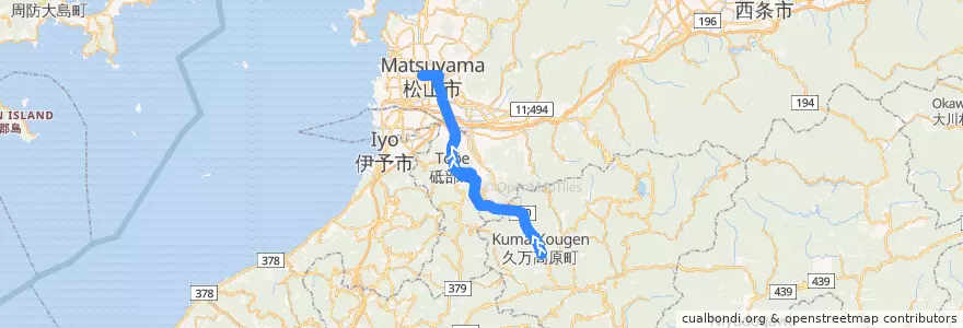 Mapa del recorrido 久万高原線 (久万高原 - 松山) de la línea  en 愛媛県.