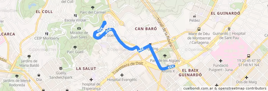 Mapa del recorrido Bus Güell. Alfons X => Parc GÜell de la línea  en Barcelona.