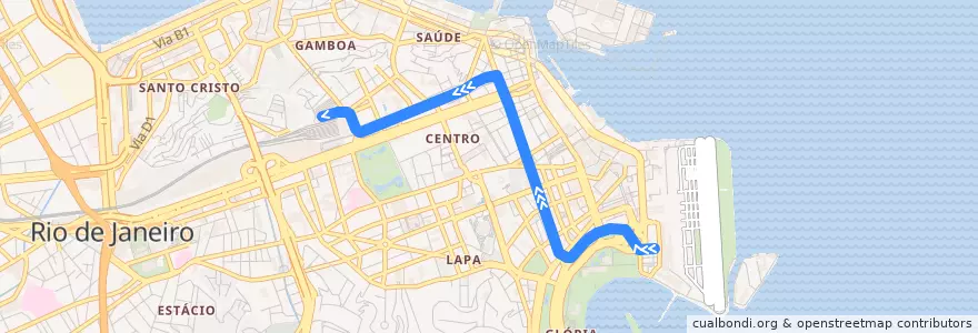 Mapa del recorrido VLT Carioca 3: Santos Dumont → Central de la línea  en Rio de Janeiro.