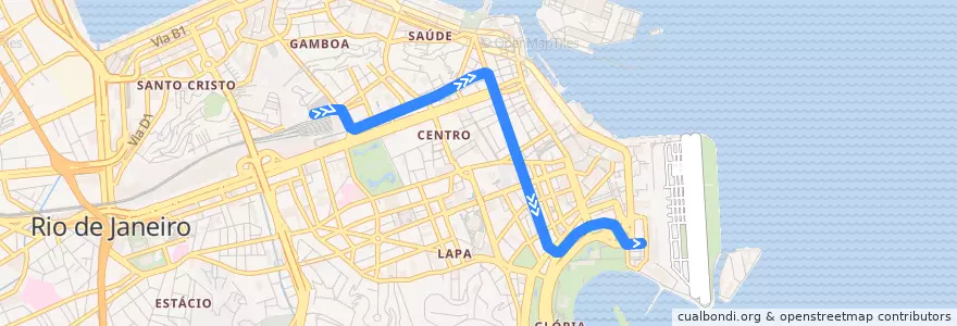 Mapa del recorrido VLT Carioca 3: Central → Santos Dumont de la línea  en Río de Janeiro.